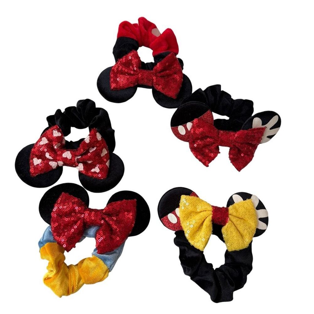 Disney Mickey Minnie Mouse Hair Scrunchies Lot of 5 – Sequin Bows Ears